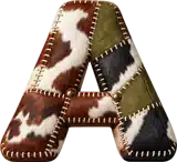 AI generated 3D capital letter A made from patchwork cowhide, olive suede, stitched seams and brass rivets